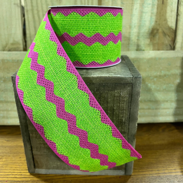 2.5" x 10Y lime green and pink ric rac Wired Ribbon, wreath making supplies, summer ribbon, beach ribbon, RG2048Y1 - MBcraftssupplyco