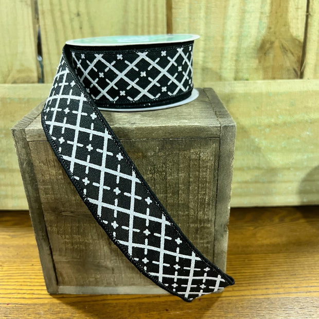 1.5" x 10Y black glittered argyle Wired Ribbon, wreath making supplies, everyday ribbon, black ribbon, RG0190102 - MBcraftssupplyco