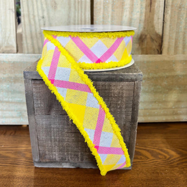 1.5" x 10Y yellow and pink summer plaid Wired Ribbon, wreath making supplies, summer ribbon, RG0869311 - MBcraftssupplyco