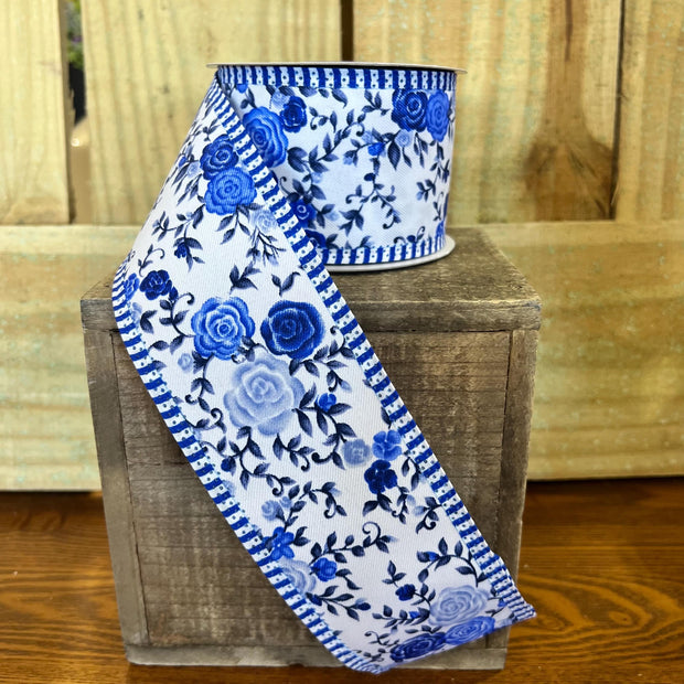 2.5" x 10Y blue mini roses Wired Ribbon, wreath making supplies, spring ribbon, blue ribbon, RGC813325 - MBcraftssupplyco