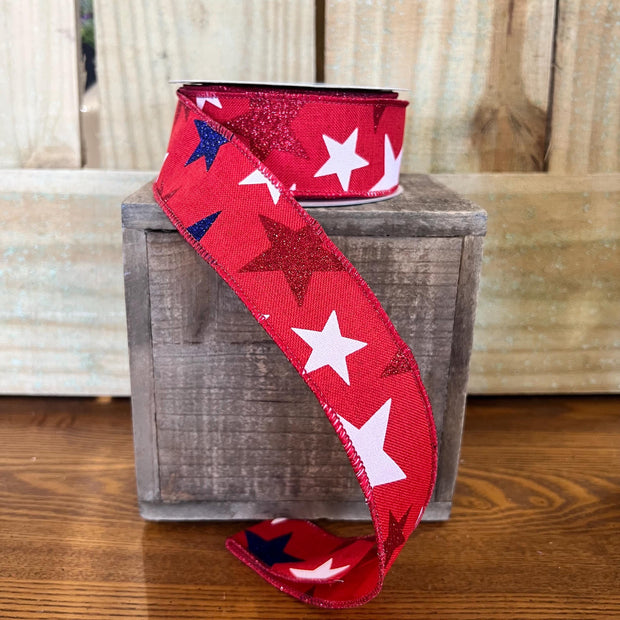 1.5" x 10Y patriotic glitter Stars Wired Ribbon, wreath making supplies, Patriotic ribbon, RG0192524 - MBcraftssupplyco