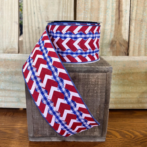 2.5" x 10Y patriotic ric rac and chevron Wired Ribbon, wreath making supplies, Patriotic ribbon, RG2026A1 - MBcraftssupplyco