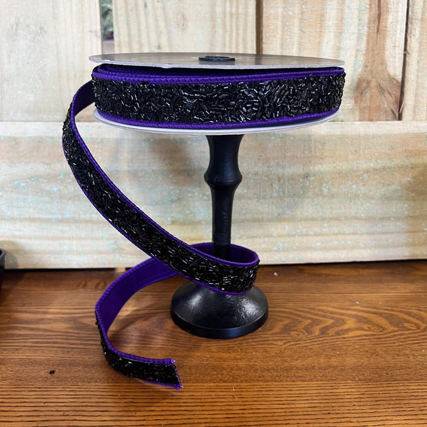 1in by 10y purple and black creepy fuzz wired ribbon, Farrisilk designer ribbon, Halloween ribbon, HR036-27 - MBcraftssupplyco