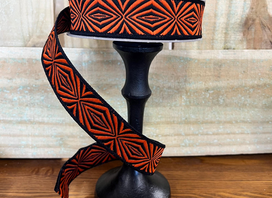 1in by 10y Black and orange cryptic spider wired ribbon, Farrisilk designer ribbon, Halloween ribbon, HR034-87 - MBcraftssupplyco