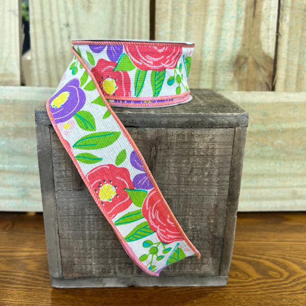 1.5" x 10Y summer ranunculus floral Wired Ribbon, wreath making supplies, summer ribbon, RGA16848K - MBcraftssupplyco