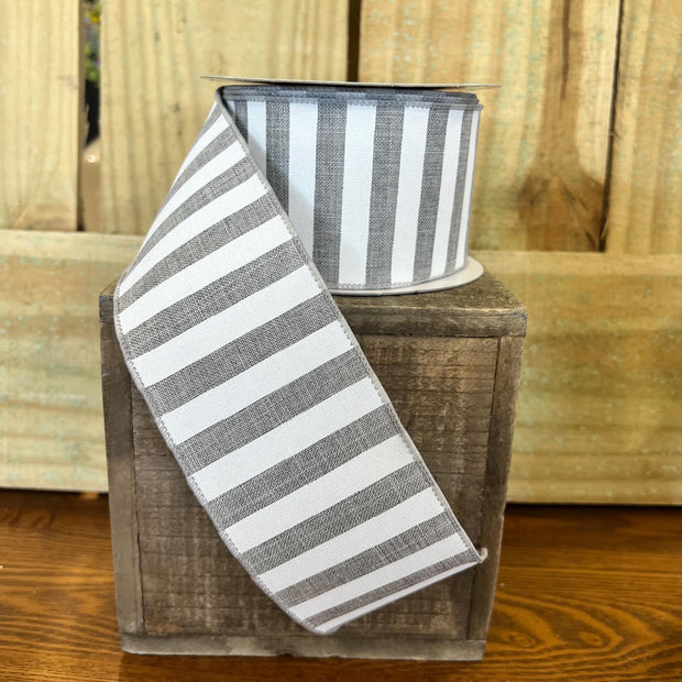2.5" x 10Y gray stripe Wired Ribbon, wreath making supplies, summer ribbon, spring ribbon, RX91495X - MBcraftssupplyco