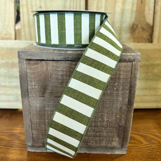 1.5" x 10Y moss green stripe Wired Ribbon, wreath making supplies, summer ribbon, everyday ribbon, RX9148TW - MBcraftssupplyco