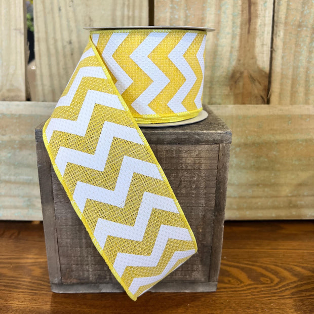 2.5" x 10Y yellow and white chevron Wired Ribbon, wreath making supplies, everyday ribbon, RG1028X7 - MBcraftssupplyco