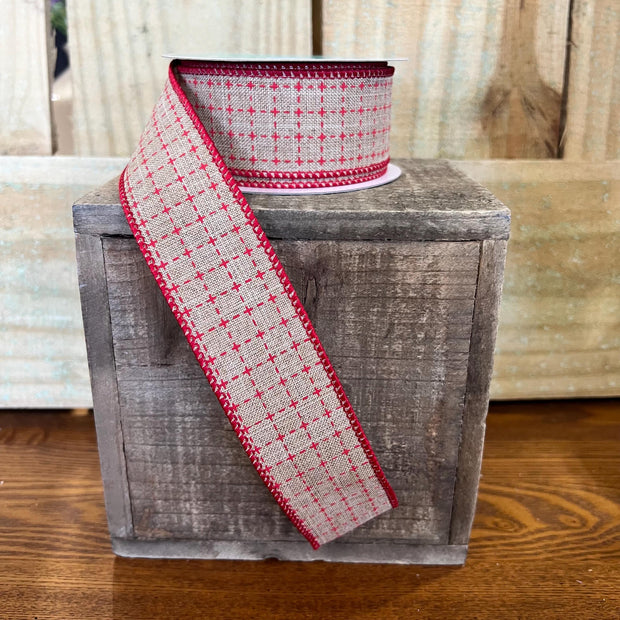 1.5" x 10Y tan with red ticking Wired Ribbon, wreath making supplies, Farmhouse ribbon, spring ribbon, RG0167730 - MBcraftssupplyco