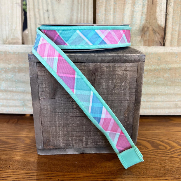 7/8” by 10y teal and pink designer ribbon, summer ribbon, designer ribbon, Wreath making supply, LX1109YR - MBcraftssupplyco