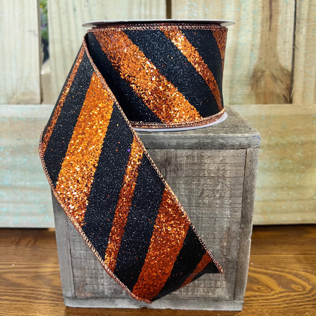 2.5" halloween glitter stripe Wired Ribbon, wreath making supplies, everyday ribbon, Halloween ribbon, RGA1295GE - MBcraftssupplyco