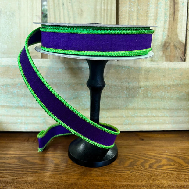 1in by 10y lime green and purple wired ribbon, Farrisilk designer ribbon, Halloween ribbon, RK534-27 - MBcraftssupplyco