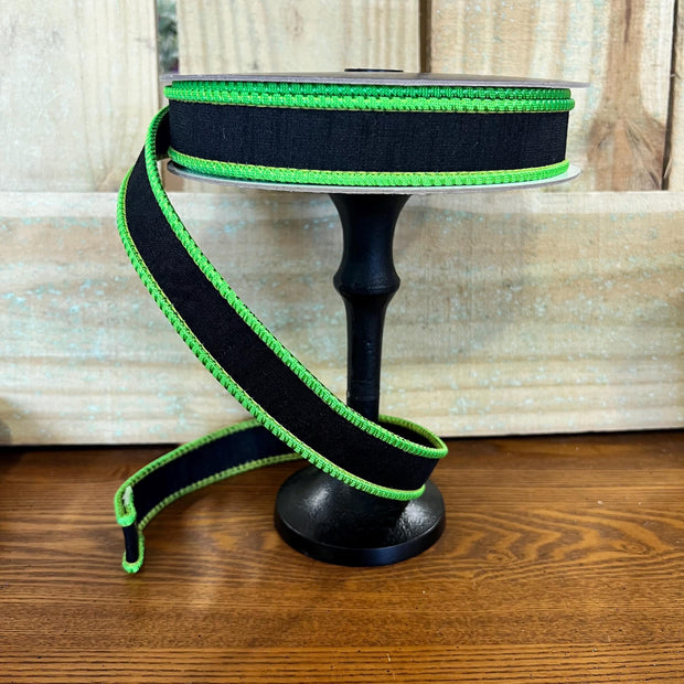 1in by 10y lime green and black wired ribbon, Farrisilk designer ribbon, Halloween ribbon, RK534-92 - MBcraftssupplyco