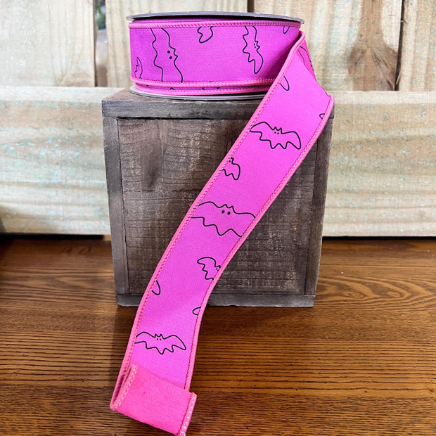 1.5” by 10y hot pink bat wired ribbon, Farrisilk designer ribbon, Halloween ribbon, HR051-08 - MBcraftssupplyco